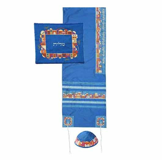 Yair Emanuel Machine Embroidered Jerusalem Tallit Set - Blue