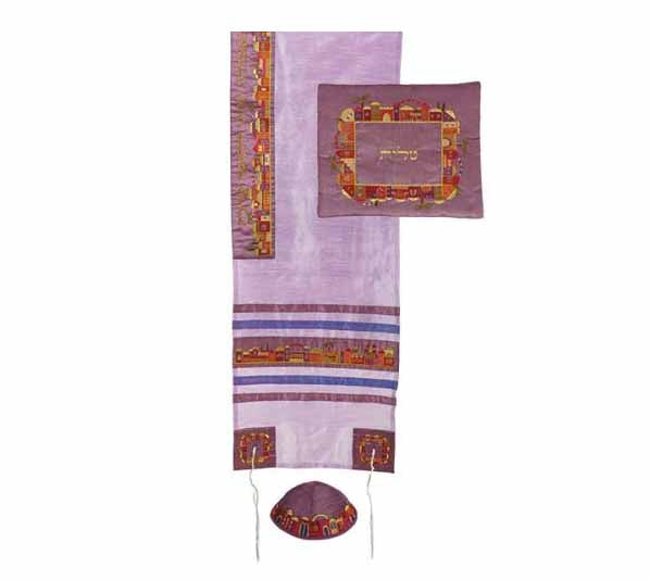 Yair Emanuel Machine Embroidered Jerusalem Tallit Set - Purple