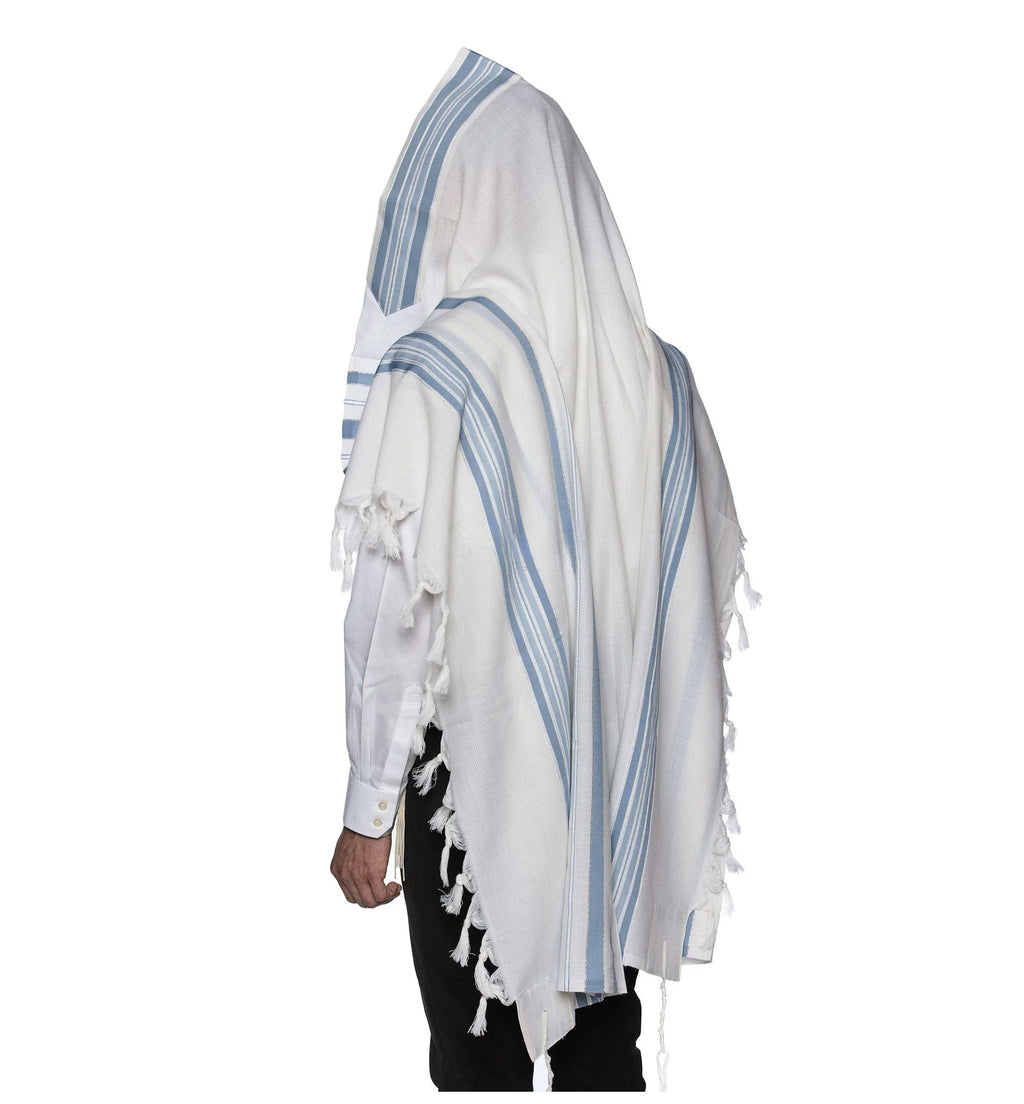 LIght Blue Wool Tallit Luxurious Non-Slip Weave - Lamenatzach Design