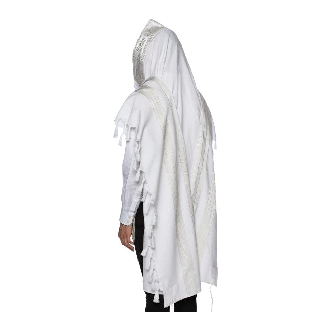 Cotton Tallit – White/Silver Stripes – Machine Washable – Multiple Sizes