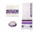 Embroidered Raw Silk Tallit - Magen David - Purple