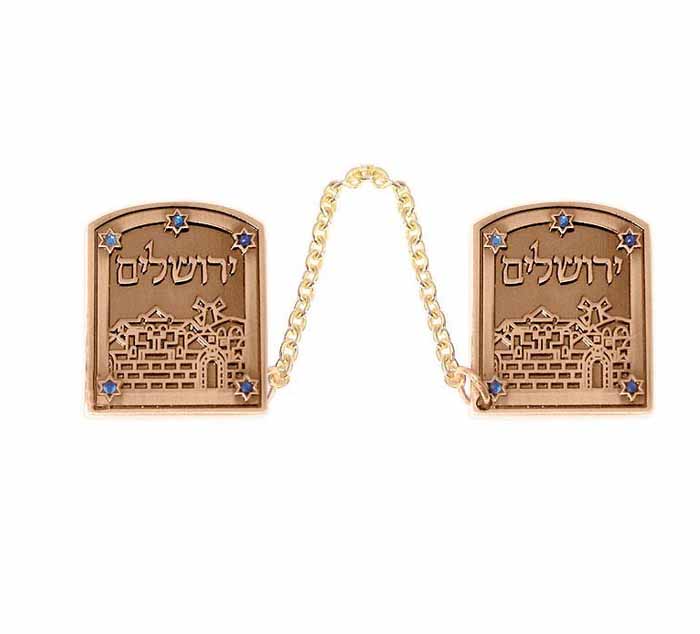 Gold-Tone Jerusalem Tallit Clips with Blue Crystal Stars