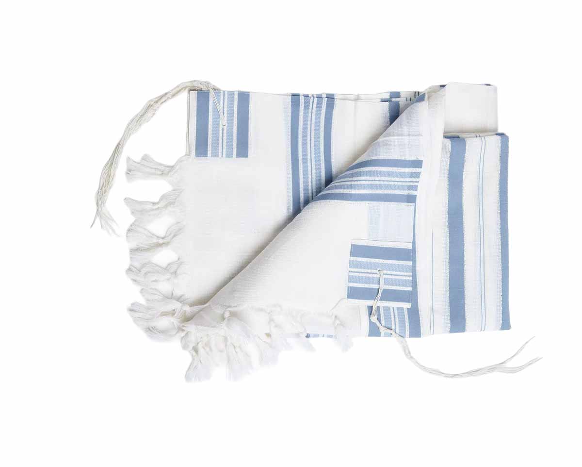 LIght Blue Wool Tallit Luxurious Non-Slip Weave - Lamenatzach Design
