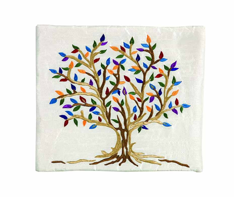 Embroidered Raw Silk Tallit - Tree Of Life Colorful