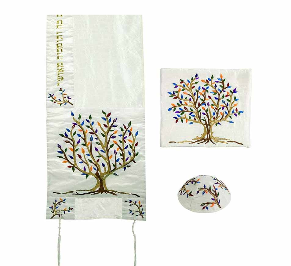 Embroidered Raw Silk Tallit - Tree Of Life Colorful