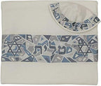 Embroidered Raw Silk Tallit - Magen David - Grey
