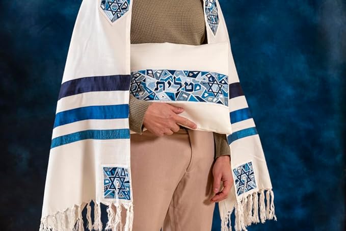 Embroidered Raw Silk Tallit - Magen David - Blue