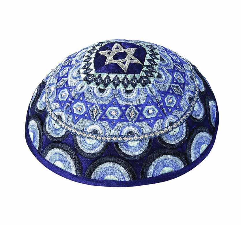 Embroidered Raw Silk Tallit - Magen David - Rainbow Blue