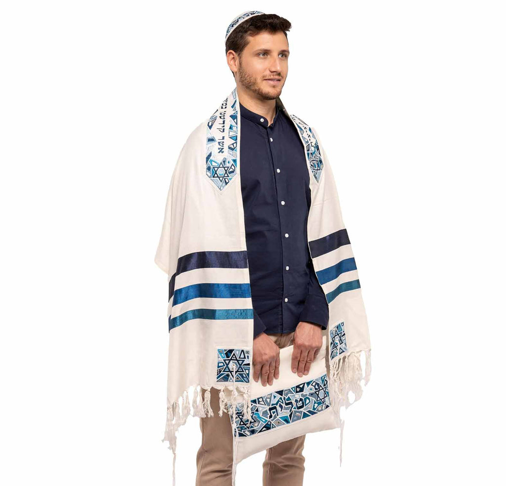 Embroidered Raw Silk Tallit - Magen David - Blue