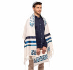 Embroidered Raw Silk Tallit - Magen David - Blue