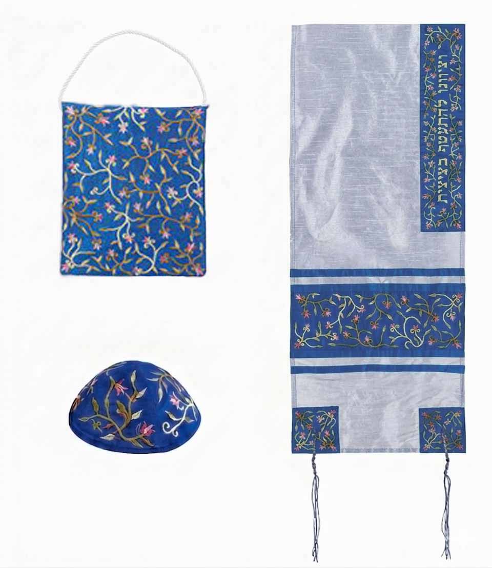 Yair Emanuel Machine Embroidered Flowers Tallit Set - Light Blue