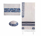 Embroidered Raw Silk Tallit - Magen David - Blue