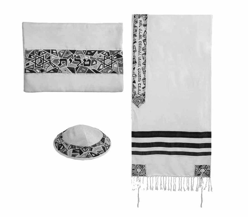 Embroidered Raw Silk Tallit - Magen David - Black