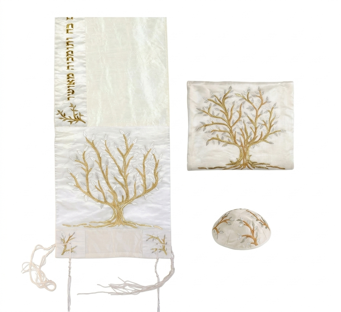 Embroidered Raw Silk Tallit - Tree Of Life Gold