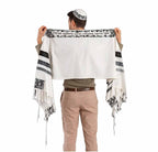 Embroidered Raw Silk Tallit - Magen David - Black