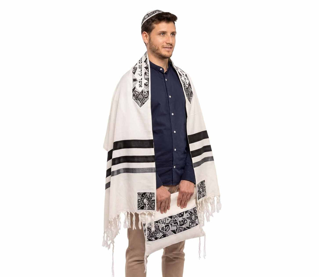 Embroidered Raw Silk Tallit - Magen David - Black