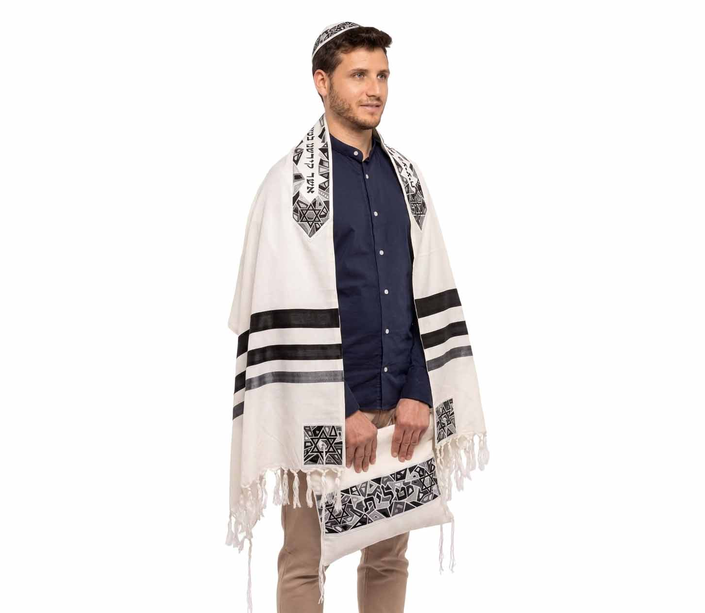 Embroidered Raw Silk Tallit - Magen David - Black