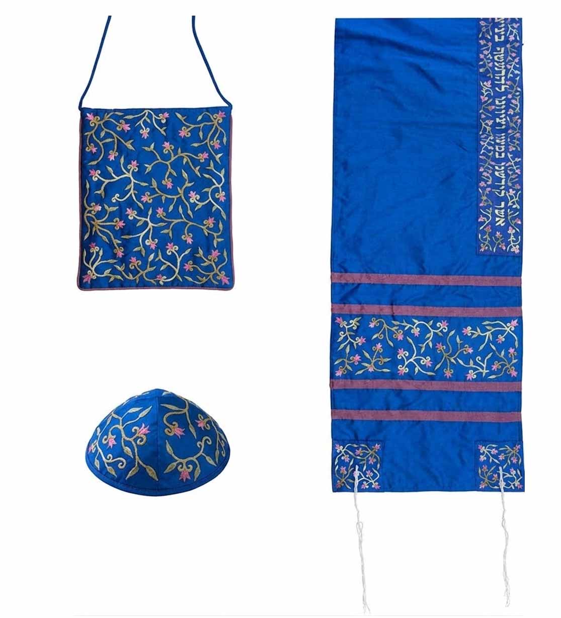 Yair Emanuel Machine Embroidered Flowers Tallit Set - Blue