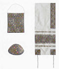 Yair Emanuel Machine Embroidered Flowers Tallit Set - Grey
