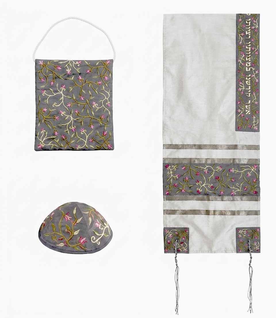 Yair Emanuel Machine Embroidered Flowers Tallit Set - Grey