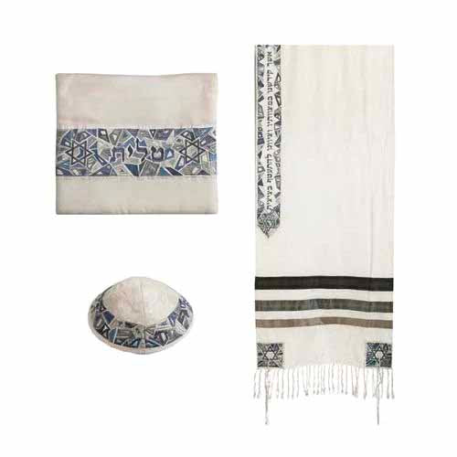 Embroidered Raw Silk Tallit - Magen David - Grey