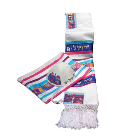 Aviv Jerusalem City of Peace Tallit Set – Primary Colors Design