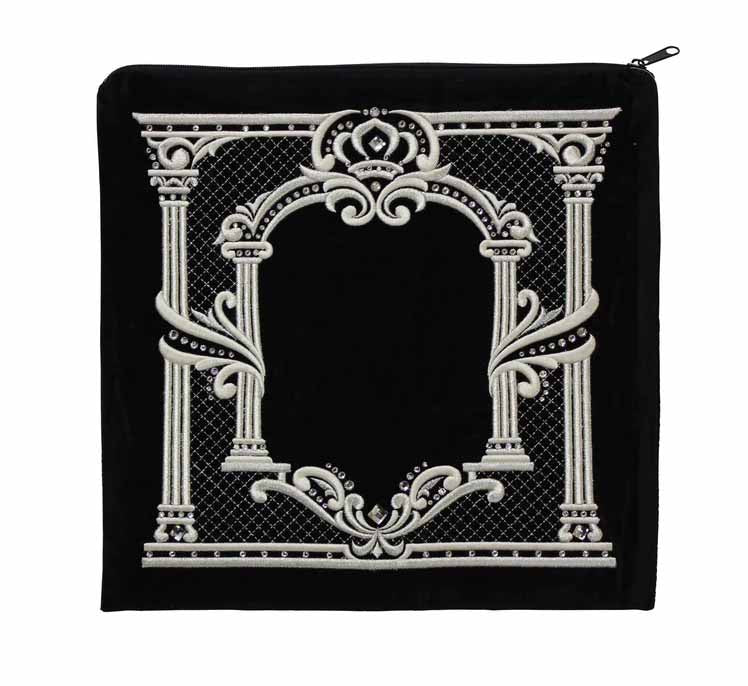 Velvet Ornate Arch Embroidered Tallit Bag – Black – 16.5" x 16"