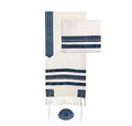 Embroidered Raw Silk Striped Tallit - White / Blue