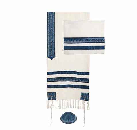 Embroidered Raw Silk Striped Tallit - White / Blue