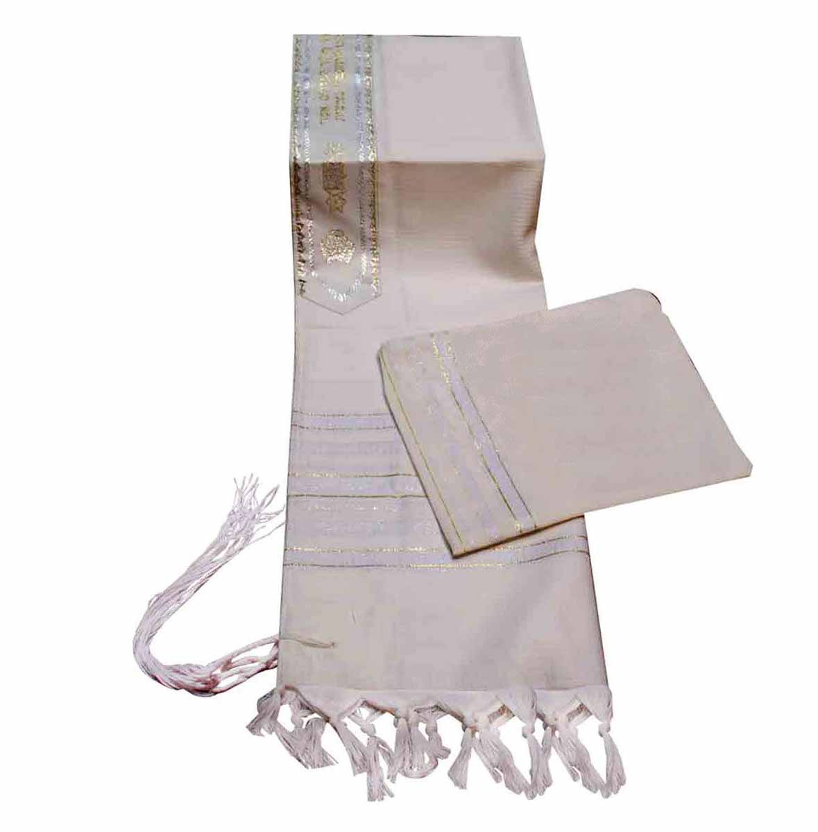 Talitnia Carmel Wool Blend Tallit Set – Herringbone Weave – White & Gold