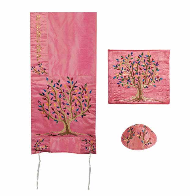 Embroidered Raw Silk Tallit - Tree Of Life Pink