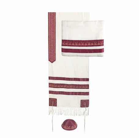Embroidered Raw Silk Striped Tallit - White / Maroon