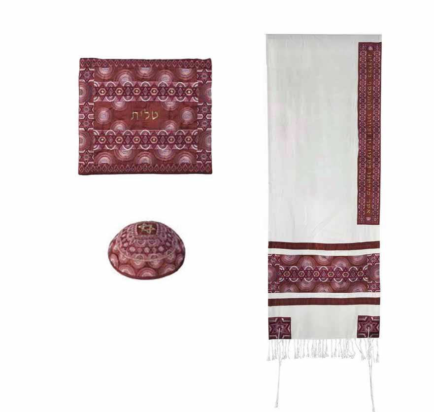 Embroidered Raw Silk Tallit - Magen David - Rainbow Maroon